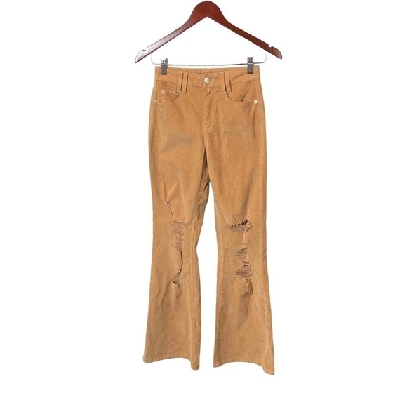 Forever 21 NWT Tan Corduroy High Rise Flare Pants Distressed - Picture 1 of 7